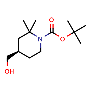 Chemical structure of tert-butyl (4R)-4-(hydroxymethyl)-2,2-dimethyl-piperidine-1-carboxylate , CAS 2840773-15-9, AChemBlock W165668