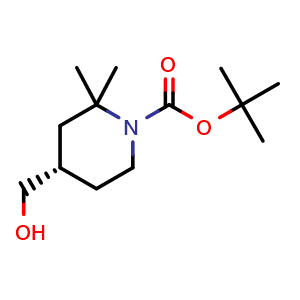 Chemical structure of tert-butyl (4S)-4-(hydroxymethyl)-2,2-dimethyl-piperidine-1-carboxylate , CAS 2841422-06-6, AChemBlock W165669