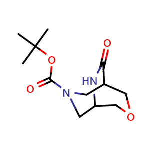 Chemical structure of tert-butyl 10-oxo-3-oxa-7,9-diazabicyclo[3 3 2]decane-7-carboxylate , CAS 1160248-54-3, AChemBlock W165723
