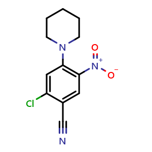 Chemical structure of 2-chloro-5-nitro-4-(1-piperidyl)benzonitrile , CAS 2420554-25-0, AChemBlock W165751