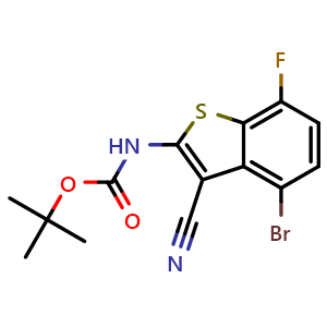 Chemical structure of tert-butyl N-(4-bromo-3-cyano-7-fluoro-benzothiophen-2-yl)carbamate , CAS 2649788-79-2, AChemBlock W165753