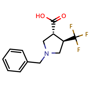 Chemical structure of trans-1-benzyl-4-(trifluoromethyl)pyrrolidine-3-carboxylic acid , CAS 169750-31-6, AChemBlock W165762