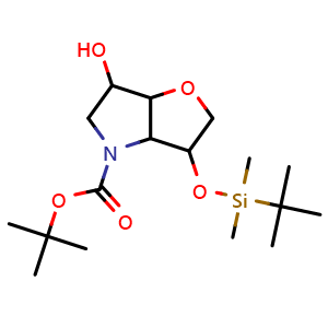 Chemical structure of tert-butyl 3-[tert-butyl(dimethyl)silyl]oxy-6-hydroxy-2,3,3a,5,6,6a-hexahydrofuro[3,2-b]pyrrole-4-carboxylate , CAS 1544206-88-3, AChemBlock W165764