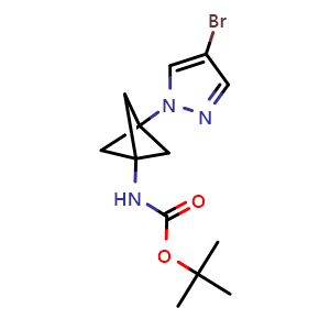 Chemical structure of tert-butyl N-[3-(4-bromopyrazol-1-yl)-1-bicyclo[1 1 1]pentanyl]carbamate , CAS 2529550-24-9, AChemBlock W165765