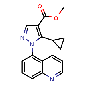 Chemical structure of methyl 5-cyclopropyl-1-(5-quinolyl)pyrazole-4-carboxylate , CAS 336881-24-4, AChemBlock W165775