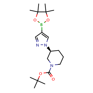 Chemical structure of tert-butyl (3S)-3-[4-(4,4,5,5-tetramethyl-1,3,2-dioxaborolan-2-yl)pyrazol-1-yl]piperidine-1-carboxylate , CAS 2567925-74-8, AChemBlock W165779