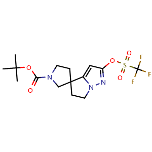 Chemical structure of tert-butyl 2-(trifluoromethylsulfonyloxy)spiro[5,6-dihydropyrrolo[1,2-b]pyrazole-4,3'-pyrrolidine]-1'-carboxylate , CAS 2640496-81-5, AChemBlock W165780
