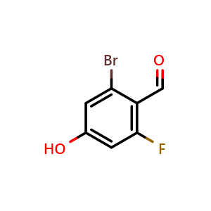 Chemical structure of 2-bromo-6-fluoro-4-hydroxy-benzaldehyde , CAS 1629141-29-2, AChemBlock W165792