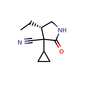 Chemical structure of (4S)-3-cyclopropyl-4-ethyl-2-oxo-pyrrolidine-3-carbonitrile , CAS 2797140-74-8, AChemBlock W165821