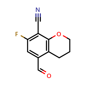 Chemical structure of 7-fluoro-5-formyl-chromane-8-carbonitrile , CAS 2891599-60-1, AChemBlock W165849