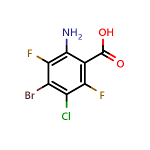 Chemical structure of 2-amino-4-bromo-5-chloro-3,6-difluoro-benzoic acid , CAS 2387928-70-1, AChemBlock W165856