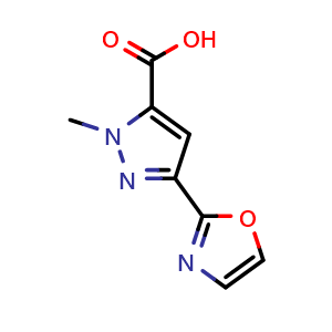 Chemical structure of 2-methyl-5-oxazol-2-yl-pyrazole-3-carboxylic acid , CAS 2091447-00-4, AChemBlock W165943
