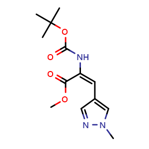Chemical structure of methyl 2-(tert-butoxycarbonylamino)-3-(1-methylpyrazol-4-yl)prop-2-enoate , CAS 2276666-54-5, AChemBlock W165951