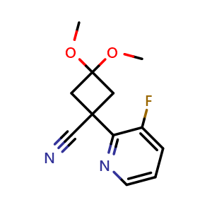 Chemical structure of 1-(3-fluoro-2-pyridyl)-3,3-dimethoxy-cyclobutanecarbonitrile , CAS 2360931-43-5, AChemBlock W165974