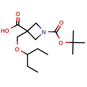 Chemical structure of 1-tert-butoxycarbonyl-3-(1-ethylpropoxymethyl)azetidine-3-carboxylic acid , CAS 2023275-88-7, AChemBlock W165999