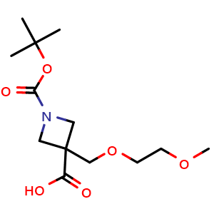 Chemical structure of 1-tert-butoxycarbonyl-3-(2-methoxyethoxymethyl)azetidine-3-carboxylic acid , CAS 2022495-12-9, AChemBlock W166000