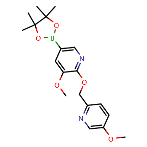 Chemical structure of 3-methoxy-2-[(5-methoxy-2-pyridyl)methoxy]-5-(4,4,5,5-tetramethyl-1,3,2-dioxaborolan-2-yl)pyridine , CAS 2738328-62-4, AChemBlock W166016