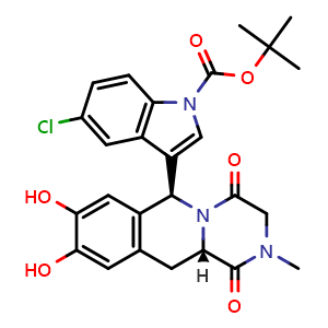 Chemical structure of tert-butyl 5-chloro-3-((6S,11aS)-8,9-dihydroxy-2-methyl-1,4-dioxo-2,3,4,6,11,11a-hexahydro-1H-pyrazino[1,2-b]isoquinolin-6-yl)-1H-indole-1-carboxylate , AChemBlock W166150
