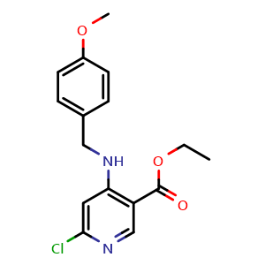 Chemical structure of ethyl 4-(4-methoxybenzylamino)-6-chloropyridine-3-carboxylate , CAS 1391740-89-8, AChemBlock W166156