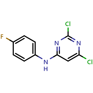 Chemical structure of 2,6-dichloro-N-(4-fluorophenyl)pyrimidin-4-amine , CAS 333404-84-5, AChemBlock W166187