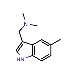 Chemical structure of N,N-Dimethyl-1-(5-methyl-1H-indol-3-yl)methanamine , CAS 30218-58-7, AChemBlock W166197
