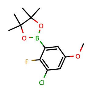 Chemical structure of 2-(3-Chloro-2-fluoro-5-methoxyphenyl)-4,4,5,5-tetramethyl-1,3,2-dioxaborolane , CAS 2971027-11-7, AChemBlock W166204