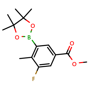 Chemical structure of methyl 3-fluoro-4-methyl-5-(4,4,5,5-tetramethyl-1,3,2-dioxaborolan-2-yl)benzoate , CAS 861905-22-8, AChemBlock W166256
