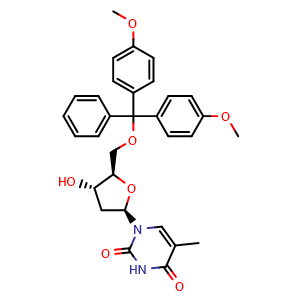 Chemical structure of 5'-O-(4,4'-Dimethoxytrityl)thymidine , CAS 40615-39-2, AChemBlock W166263