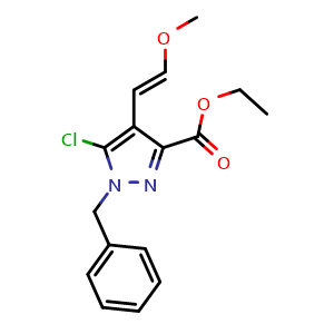 Chemical structure of Ethyl (E)-1-Benzyl-5-chloro-4-(2-methoxyvinyl)-1H-pyrazole-3-carboxylate , CAS 2095516-88-2, AChemBlock W166333