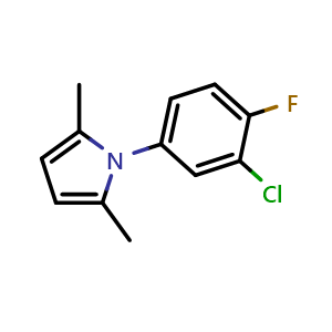 Chemical structure of 1-(3-Chloro-4-fluorophenyl)-2,5-dimethyl-1H-pyrrole , CAS 1692-00-8, AChemBlock W166339