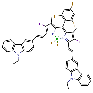 Chemical structure of 3,7-Bis[(E)-2-(9-ethyl-9H-carbazol-3-yl)vinyl]-5,5-difluoro-2,8-diiodo-1,9-dimethyl-10-(2,4,6-trifluorophenyl)-5H-dipyrrolo[1,2-c:2',1'-f][1,3,2]diazaborinin-4-ium-5-uide , AChemBlock W166362