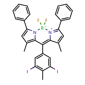 Chemical structure of 10-(3,5-Diiodo-4-methylphenyl)-5,5-difluoro-1,9-dimethyl-3,7-diphenyl-5H-dipyrrolo[1,2-c:2',1'-f][1,3,2]diazaborinin-4-ium-5-uide , AChemBlock W166391