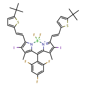 Chemical structure of 3,7-Bis[(E)-2-[5-(tert-butyl)thiophen-2-yl]vinyl]-5,5-difluoro-2,8-diiodo-1,9-dimethyl-10-(2,4,6-trifluorophenyl)-5H-dipyrrolo[1,2-c:2',1'-f][1,3,2]diazaborinin-4-ium-5-uide , AChemBlock W166394