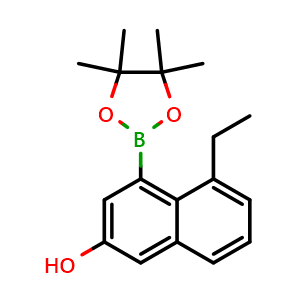 Chemical structure of 5-ethyl-4-(4,4,5,5-tetramethyl-1,3,2-dioxaborolan-2-yl)naphthalen-2-ol , CAS 2757096-79-8, AChemBlock W166419