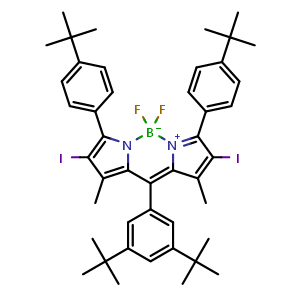 Chemical structure of 3,7-Bis[4-(tert-butyl)phenyl]-10-(3,5-di-tert-butylphenyl)-5,5-difluoro-2,8-diiodo-1,9-dimethyl-5H-dipyrrolo[1,2-c:2',1'-f][1,3,2]diazaborinin-4-ium-5-uide , AChemBlock W166426