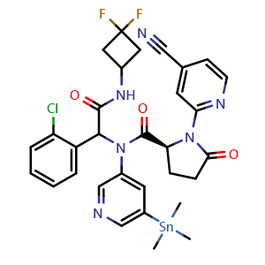 Chemical structure of (2S)-N-[1-(2-Chlorophenyl)-2-[(3,3-difluorocyclobutyl)amino]-2-oxoethyl]-1-(4-cyano-2-pyridyl)-5-oxo-N-[5-(trimethylstannyl)-3-pyridyl]pyrrolidine-2-carboxamide , AChemBlock W166471