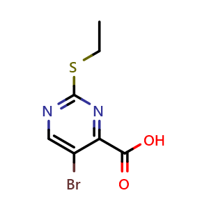 Chemical structure of 5-Bromo-2-(ethylthio)pyrimidine-4-carboxylic Acid , CAS 327168-15-0, AChemBlock W166485