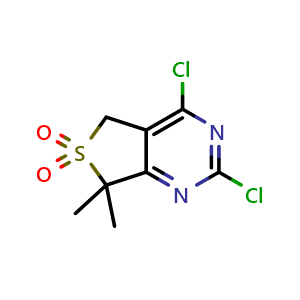 Chemical structure of 2,4-Dichloro-7,7-dimethyl-5,7-dihydrothieno[3,4-d]pyrimidine 6,6-Dioxide , CAS 1429639-87-1, AChemBlock W166520
