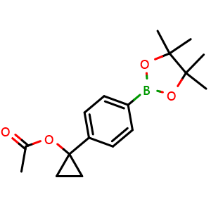 Chemical structure of 1-(4-(4,4,5,5-tetramethyl-1,3,2-dioxaborolan-2-yl)phenyl)cyclopropyl acetate , AChemBlock W166542