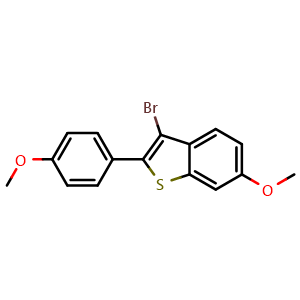 Chemical structure of 3-Bromo-6-methoxy-2-(4-methoxyphenyl)benzothiophene , CAS 176672-06-3, AChemBlock W166567