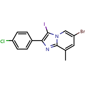 Chemical structure of 6-Bromo-2-(4-chlorophenyl)-3-iodo-8-methylimidazo[1,2-a]pyridine , CAS 2404733-82-8, AChemBlock W166598
