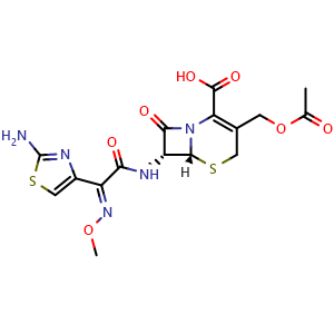 Chemical structure of (6R,7R)-3-(acetoxymethyl)-7-((E)-2-(2-aminothiazol-4-yl)-2-(methoxyimino)acetamido)-8-oxo-5-thia-1-azabicyclo[4 2 0]oct-2-ene-2-carboxylic acid , CAS 63527-52-6, AChemBlock W166620