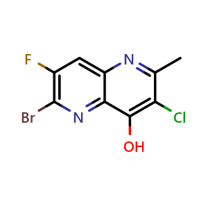 Chemical structure of 6-bromo-3-chloro-7-fluoro-2-methyl-1,5-naphthyridin-4-ol , CAS 2074703-10-7, AChemBlock W166645