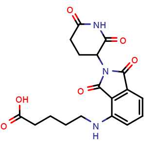 Chemical structure of 5-((2-(2,6-dioxopiperidin-3-yl)-1,3-dioxoisoindolin-4-yl)amino)pentanoic acid , CAS 2225940-48-5, AChemBlock W166650