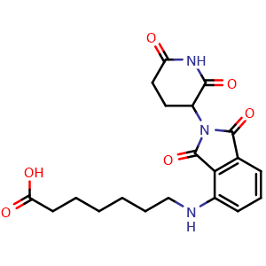 Chemical structure of 7-((2-(2,6-dioxopiperidin-3-yl)-1,3-dioxoisoindolin-4-yl)amino)heptanoic acid , CAS 2225940-50-9, AChemBlock W166651