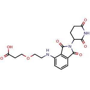 Chemical structure of 3-(2-((2-(2,6-dioxopiperidin-3-yl)-1,3-dioxoisoindolin-4-yl)amino)ethoxy)propanoic acid , CAS 2139348-60-8, AChemBlock W166652