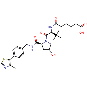 Chemical structure of 6-(((S)-1-((2S,4R)-4-hydroxy-2-((4-(4-methylthiazol-5-yl)benzyl)carbamoyl)pyrrolidin-1-yl)-3,3-dimethyl-1-oxobutan-2-yl)amino)-6-oxohexanoic acid , CAS 2172819-74-6, AChemBlock W166655