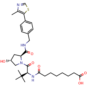 Chemical structure of 8-(((S)-1-((2S,4R)-4-hydroxy-2-((4-(4-methylthiazol-5-yl)benzyl)carbamoyl)pyrrolidin-1-yl)-3,3-dimethyl-1-oxobutan-2-yl)amino)-8-oxooctanoic acid , CAS 2172819-75-7, AChemBlock W166656