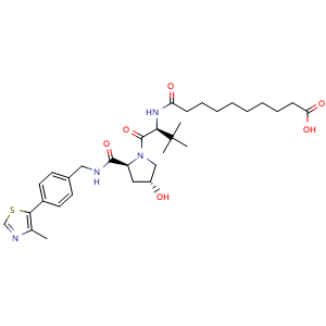 Chemical structure of 10-(((S)-1-((2S,4R)-4-hydroxy-2-((4-(4-methylthiazol-5-yl)benzyl)carbamoyl)pyrrolidin-1-yl)-3,3-dimethyl-1-oxobutan-2-yl)amino)-10-oxodecanoic acid , CAS 2172819-77-9, AChemBlock W166657