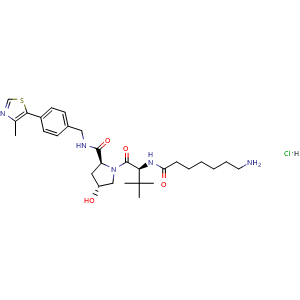 Chemical structure of (2S,4R)-1-((S)-2-(7-aminoheptanamido)-3,3-dimethylbutanoyl)-4-hydroxy-N-(4-(4-methylthiazol-5-yl)benzyl)pyrrolidine-2-carboxamide hydrochloride , CAS 2360522-76-3, AChemBlock W166666